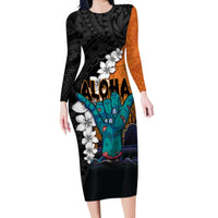 Hawaiian Halloween Long Sleeve Bodycon Dress Horror Shaka Hand with Plumeria and Polynesian Tattoo Autumn Color LT03 Long Dress Orange - Polynesian Pride