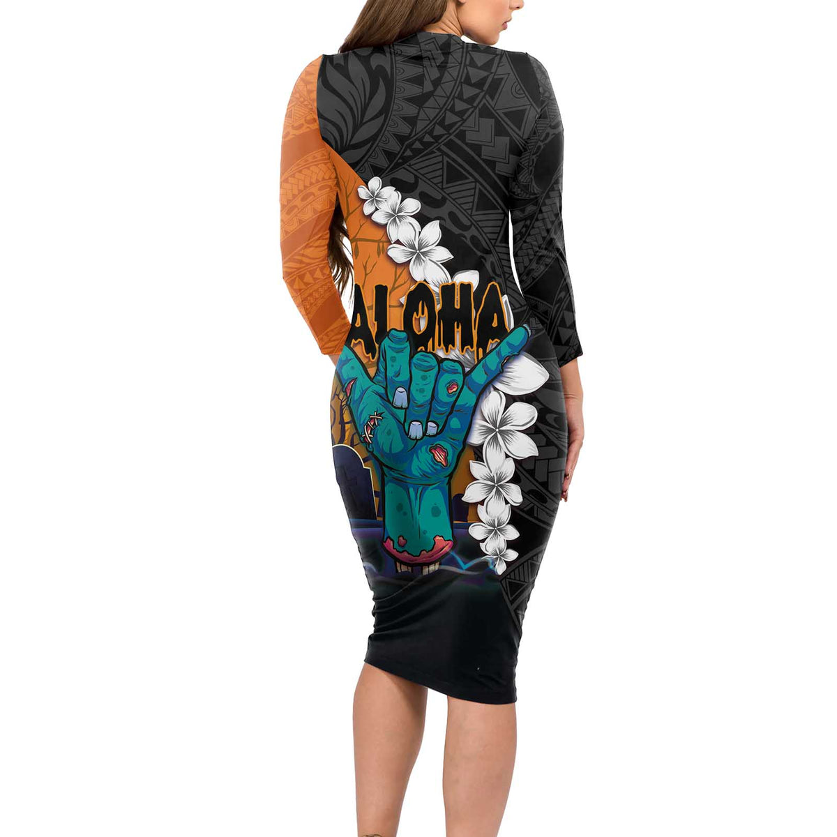 Hawaiian Halloween Long Sleeve Bodycon Dress Horror Shaka Hand with Plumeria and Polynesian Tattoo Autumn Color LT03 - Polynesian Pride