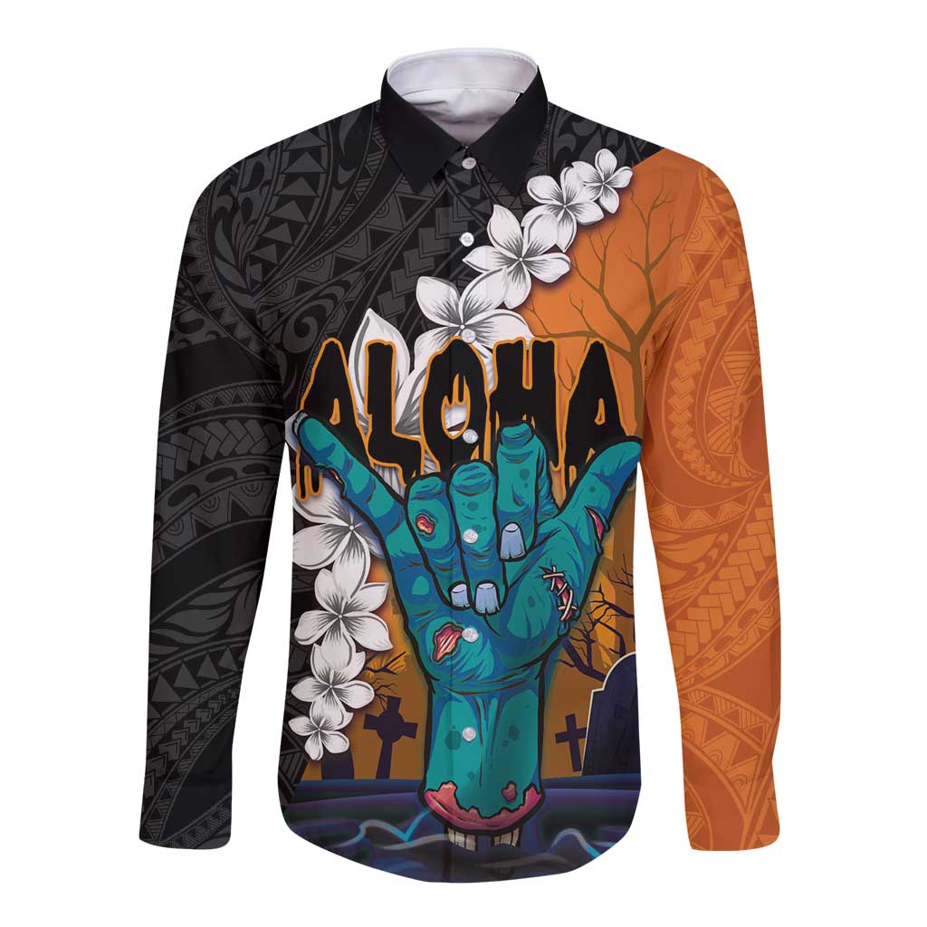 Hawaiian Halloween Long Sleeve Button Shirt Horror Shaka Hand with Plumeria and Polynesian Tattoo Autumn Color LT03 Unisex Orange - Polynesian Pride