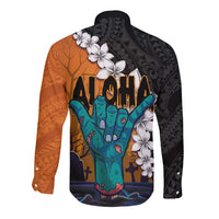 Hawaiian Halloween Long Sleeve Button Shirt Horror Shaka Hand with Plumeria and Polynesian Tattoo Autumn Color LT03 - Polynesian Pride