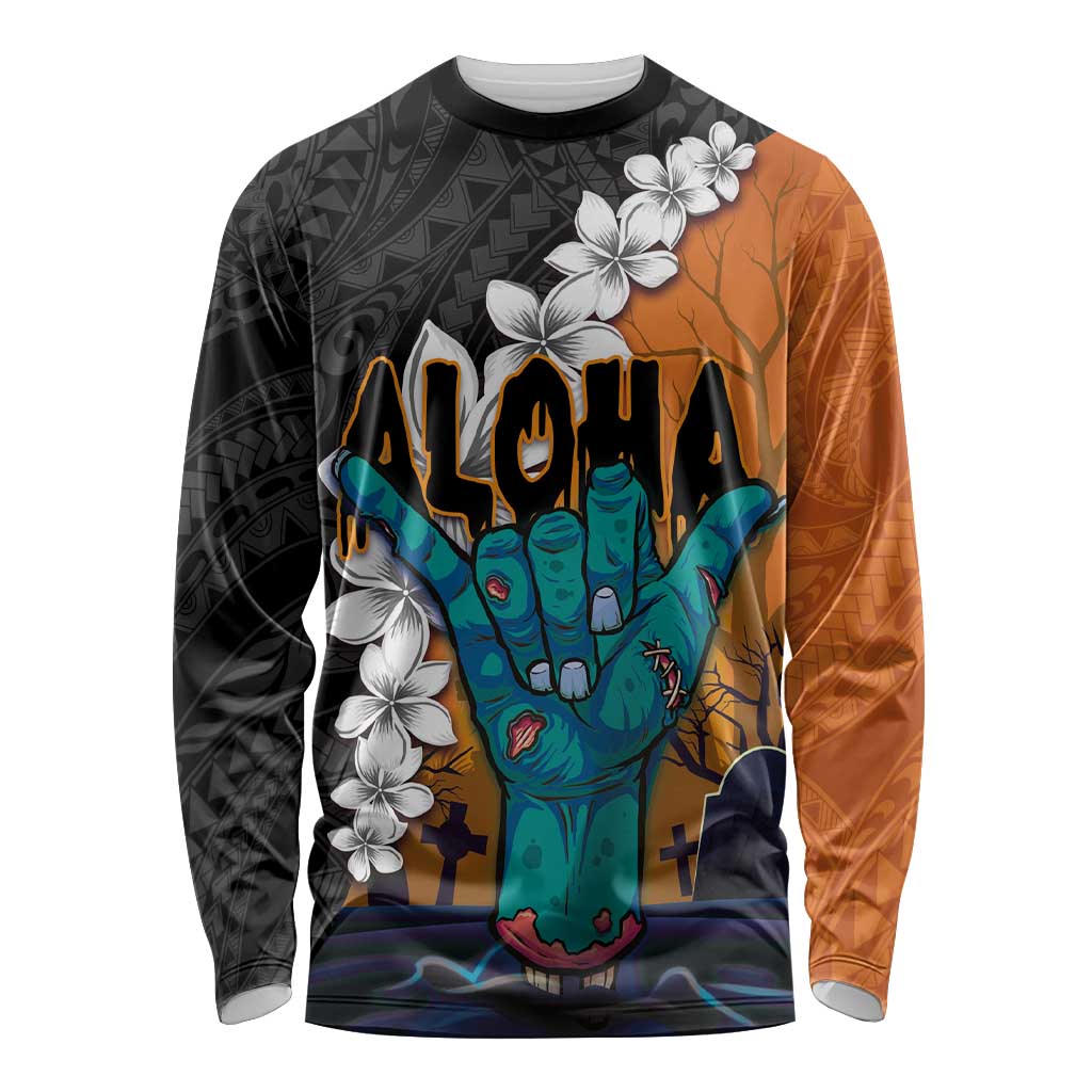 Hawaiian Halloween Long Sleeve Shirt Horror Shaka Hand with Plumeria and Polynesian Tattoo Autumn Color LT03 Unisex Orange - Polynesian Pride