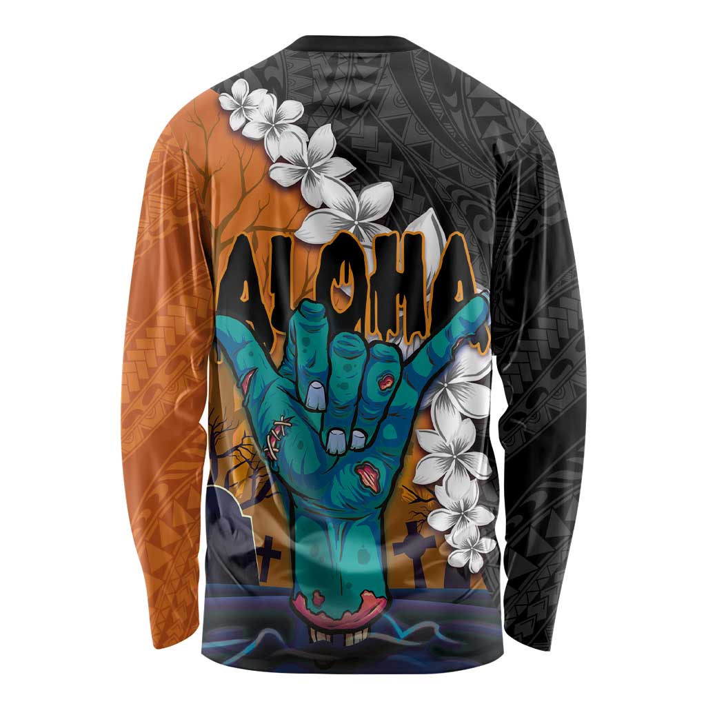 Hawaiian Halloween Long Sleeve Shirt Horror Shaka Hand with Plumeria and Polynesian Tattoo Autumn Color LT03 - Polynesian Pride