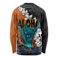 Hawaiian Halloween Long Sleeve Shirt Horror Shaka Hand with Plumeria and Polynesian Tattoo Autumn Color LT03 - Polynesian Pride