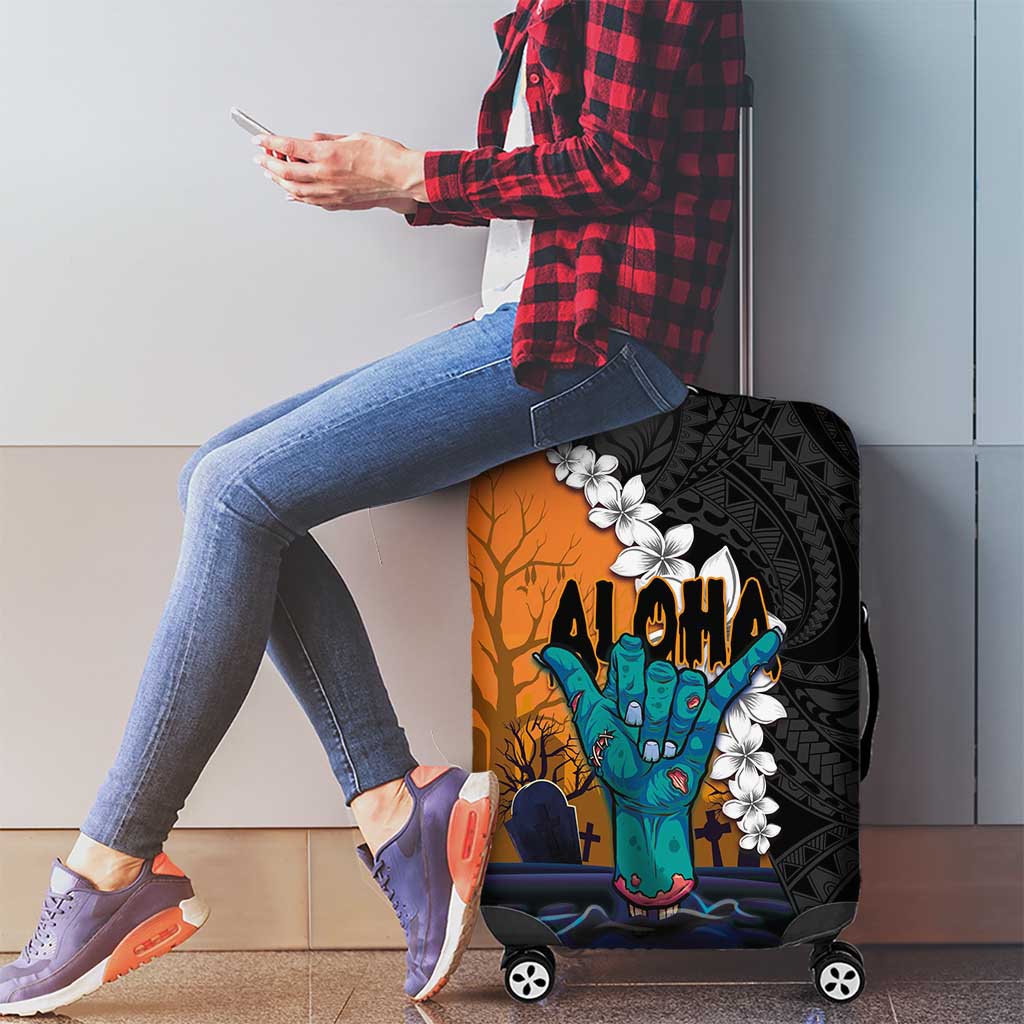 Hawaiian Halloween Luggage Cover Horror Shaka Hand with Plumeria and Polynesian Tattoo Autumn Color LT03 - Polynesian Pride