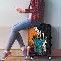 Hawaiian Halloween Luggage Cover Horror Shaka Hand with Plumeria and Polynesian Tattoo Autumn Color LT03 - Polynesian Pride