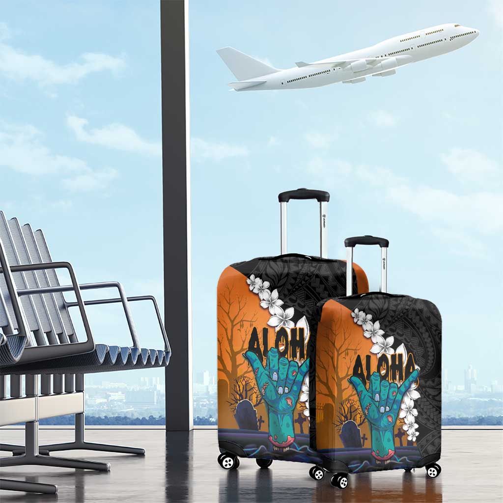 Hawaiian Halloween Luggage Cover Horror Shaka Hand with Plumeria and Polynesian Tattoo Autumn Color LT03 - Polynesian Pride
