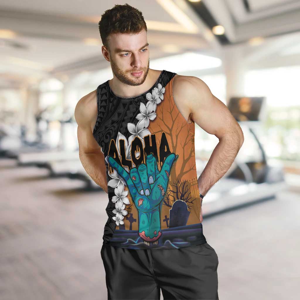 Hawaiian Halloween Men Tank Top Horror Shaka Hand with Plumeria and Polynesian Tattoo Autumn Color LT03 Orange - Polynesian Pride