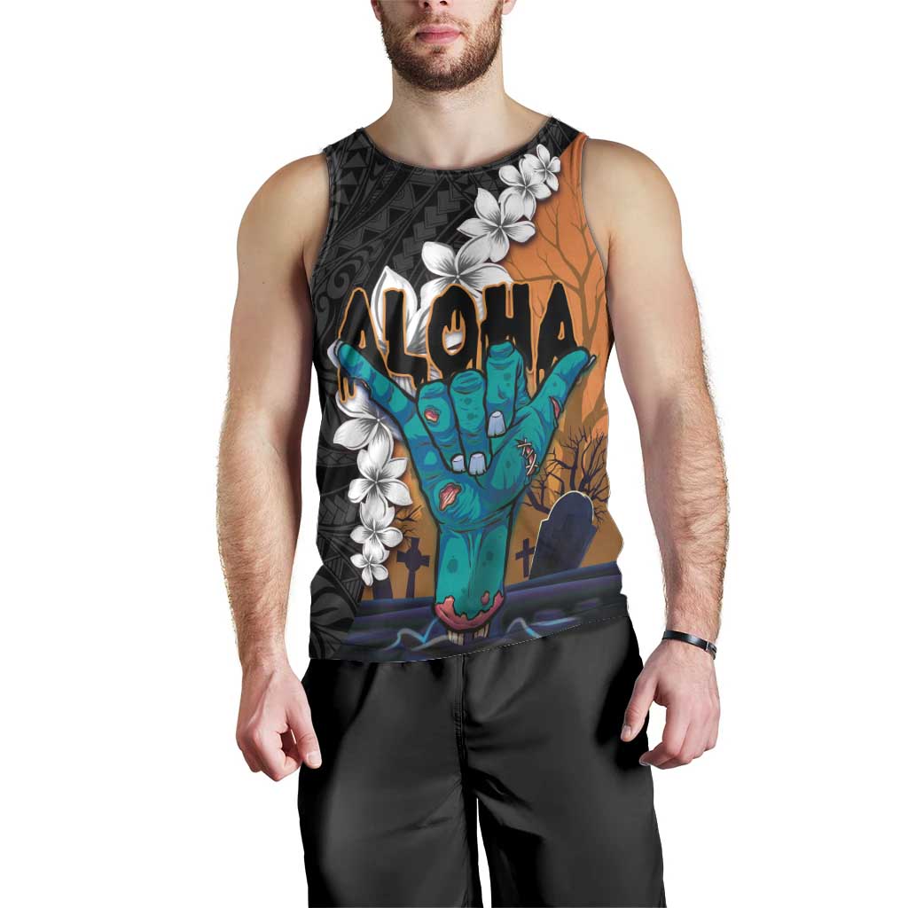 Hawaiian Halloween Men Tank Top Horror Shaka Hand with Plumeria and Polynesian Tattoo Autumn Color LT03 - Polynesian Pride