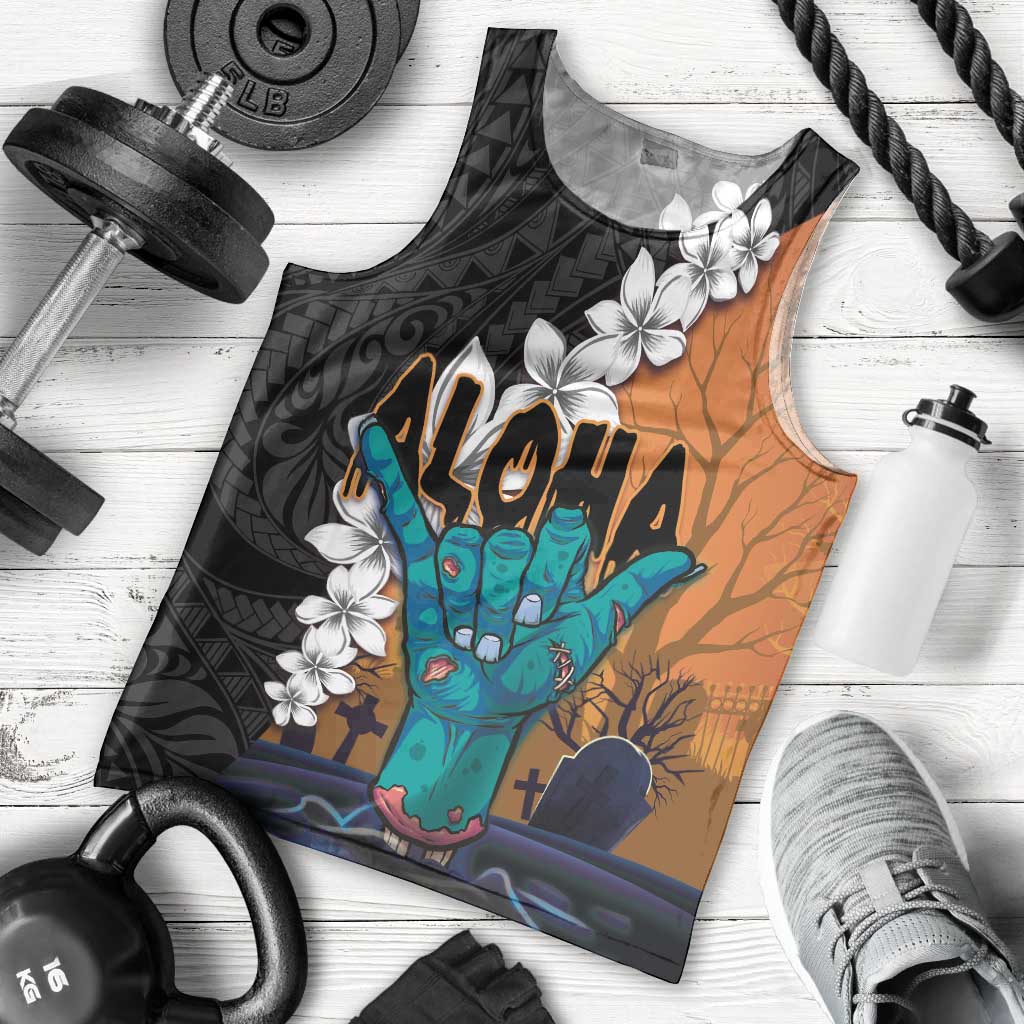 Hawaiian Halloween Men Tank Top Horror Shaka Hand with Plumeria and Polynesian Tattoo Autumn Color LT03 - Polynesian Pride