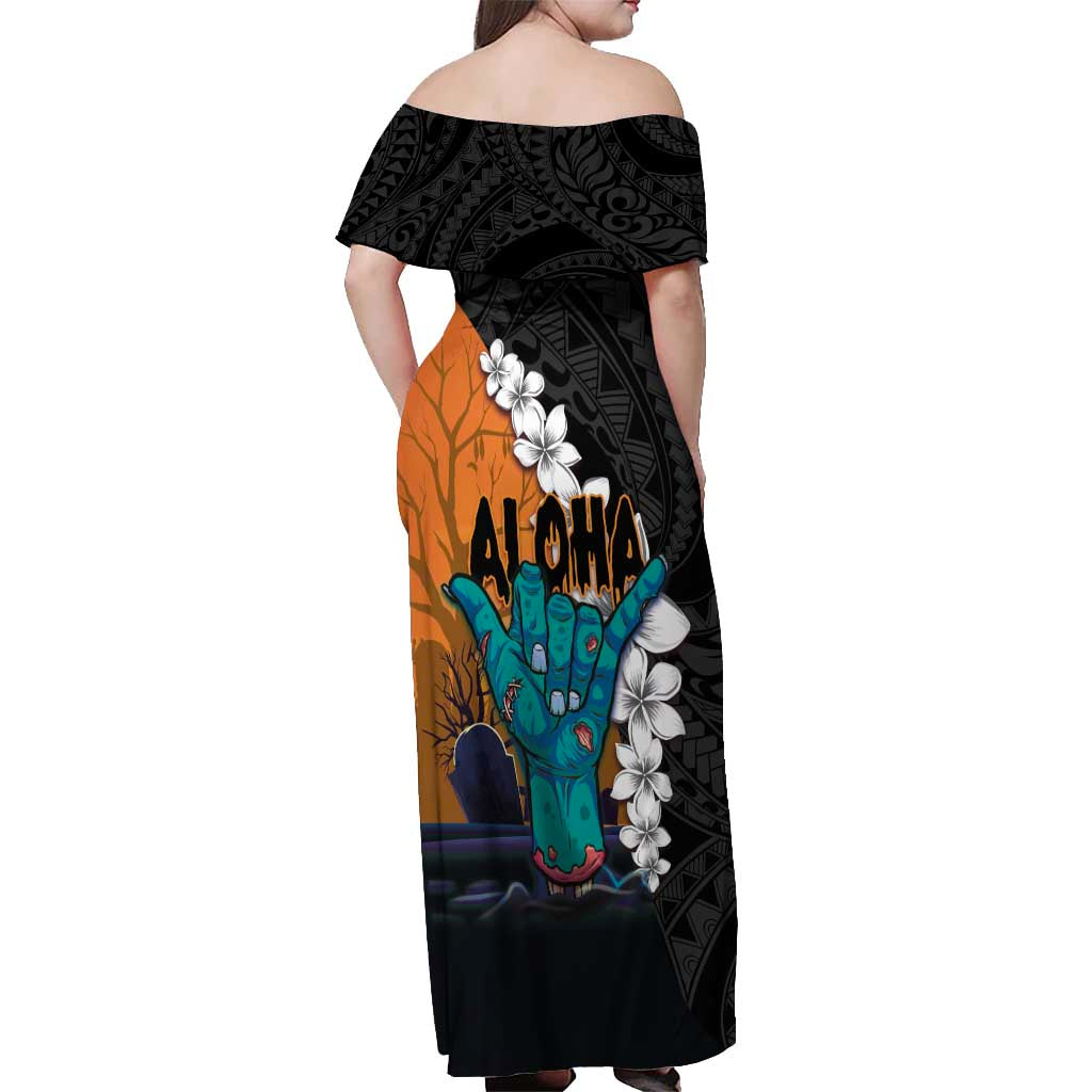 Hawaiian Halloween Off Shoulder Maxi Dress Horror Shaka Hand with Plumeria and Polynesian Tattoo Autumn Color LT03 - Polynesian Pride