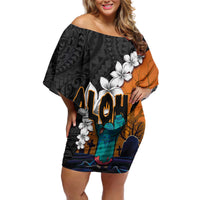 Hawaiian Halloween Off Shoulder Short Dress Horror Shaka Hand with Plumeria and Polynesian Tattoo Autumn Color LT03 Women Orange - Polynesian Pride