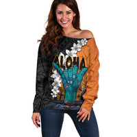 Hawaiian Halloween Off Shoulder Sweater Horror Shaka Hand with Plumeria and Polynesian Tattoo Autumn Color LT03 Women Orange - Polynesian Pride
