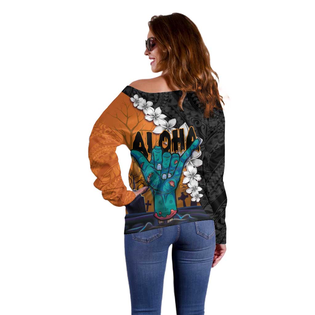 Hawaiian Halloween Off Shoulder Sweater Horror Shaka Hand with Plumeria and Polynesian Tattoo Autumn Color LT03 - Polynesian Pride