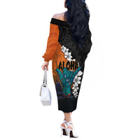 Hawaiian Halloween Off The Shoulder Long Sleeve Dress Horror Shaka Hand with Plumeria and Polynesian Tattoo Autumn Color LT03 - Polynesian Pride