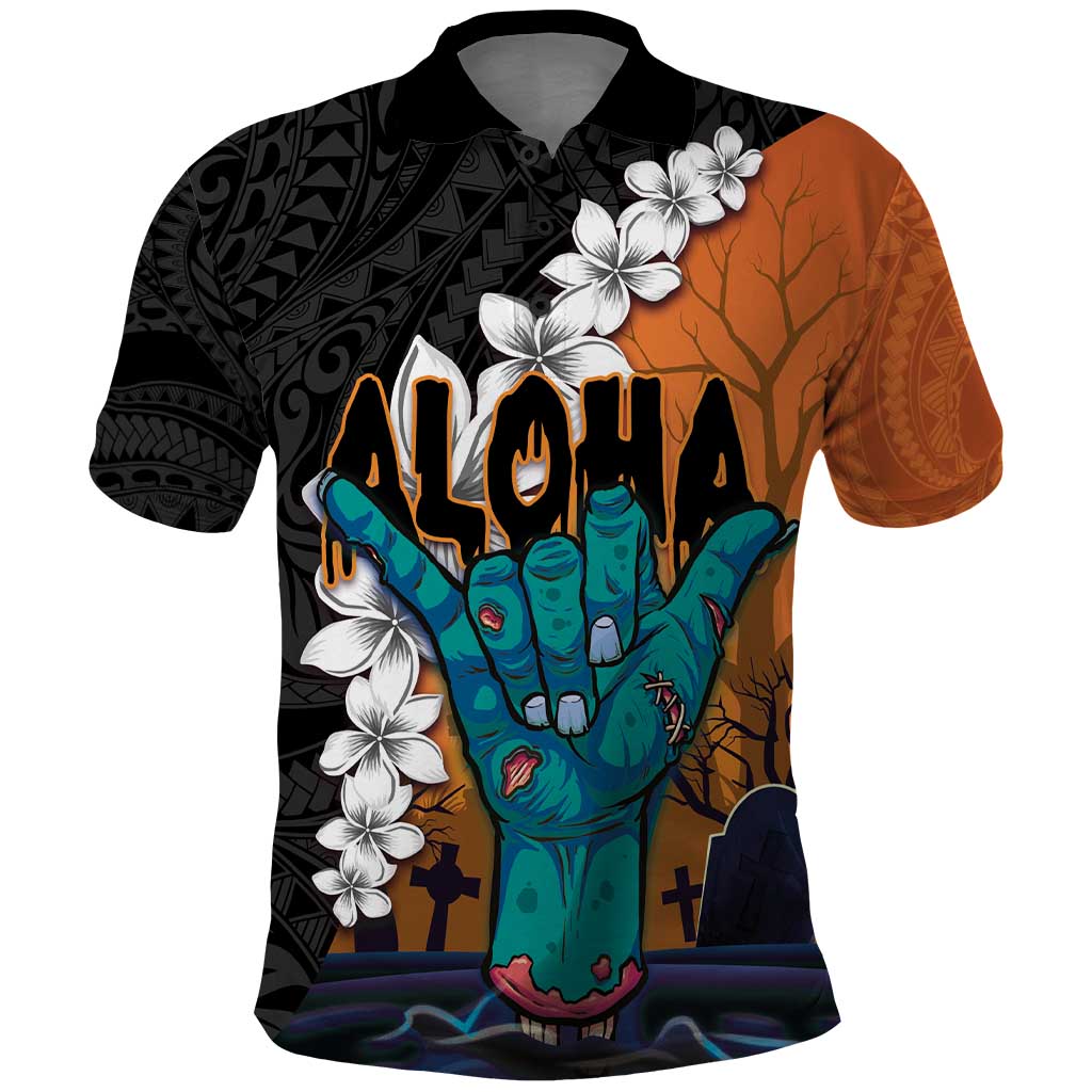Hawaiian Halloween Polo Shirt Horror Shaka Hand with Plumeria and Polynesian Tattoo Autumn Color LT03 Orange - Polynesian Pride