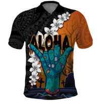 Hawaiian Halloween Polo Shirt Horror Shaka Hand with Plumeria and Polynesian Tattoo Autumn Color LT03 Orange - Polynesian Pride