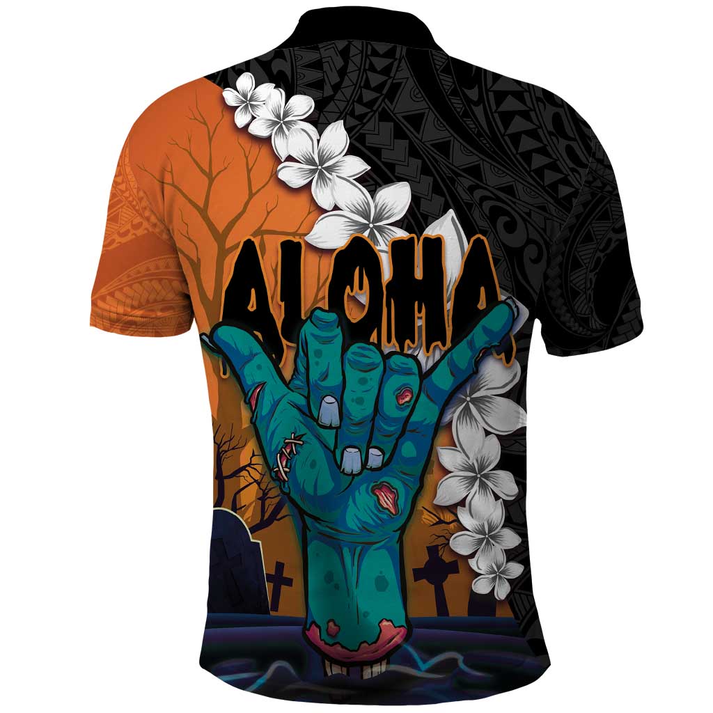 Hawaiian Halloween Polo Shirt Horror Shaka Hand with Plumeria and Polynesian Tattoo Autumn Color LT03 - Polynesian Pride