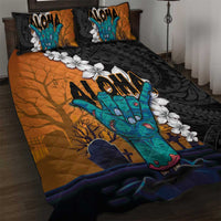 Hawaiian Halloween Quilt Bed Set Horror Shaka Hand with Plumeria and Polynesian Tattoo Autumn Color LT03 Orange - Polynesian Pride
