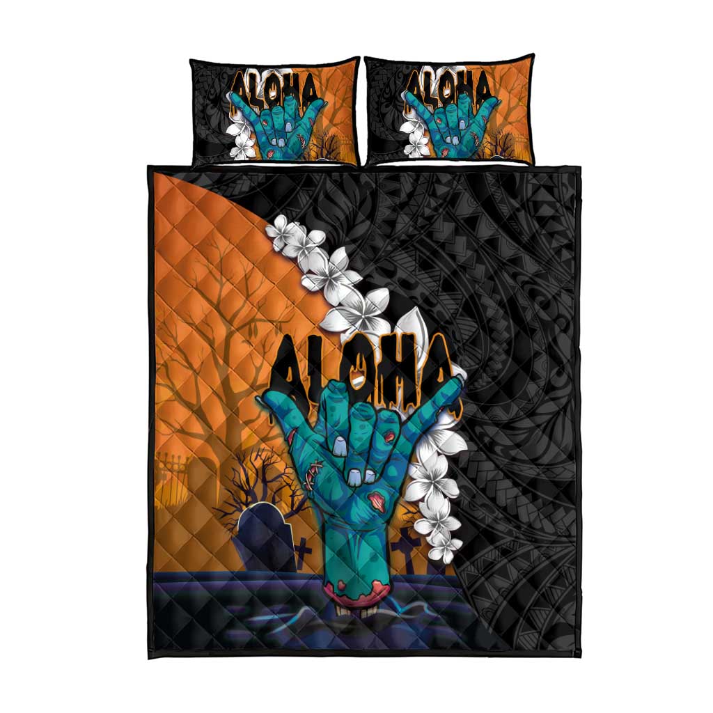 Hawaiian Halloween Quilt Bed Set Horror Shaka Hand with Plumeria and Polynesian Tattoo Autumn Color LT03 - Polynesian Pride