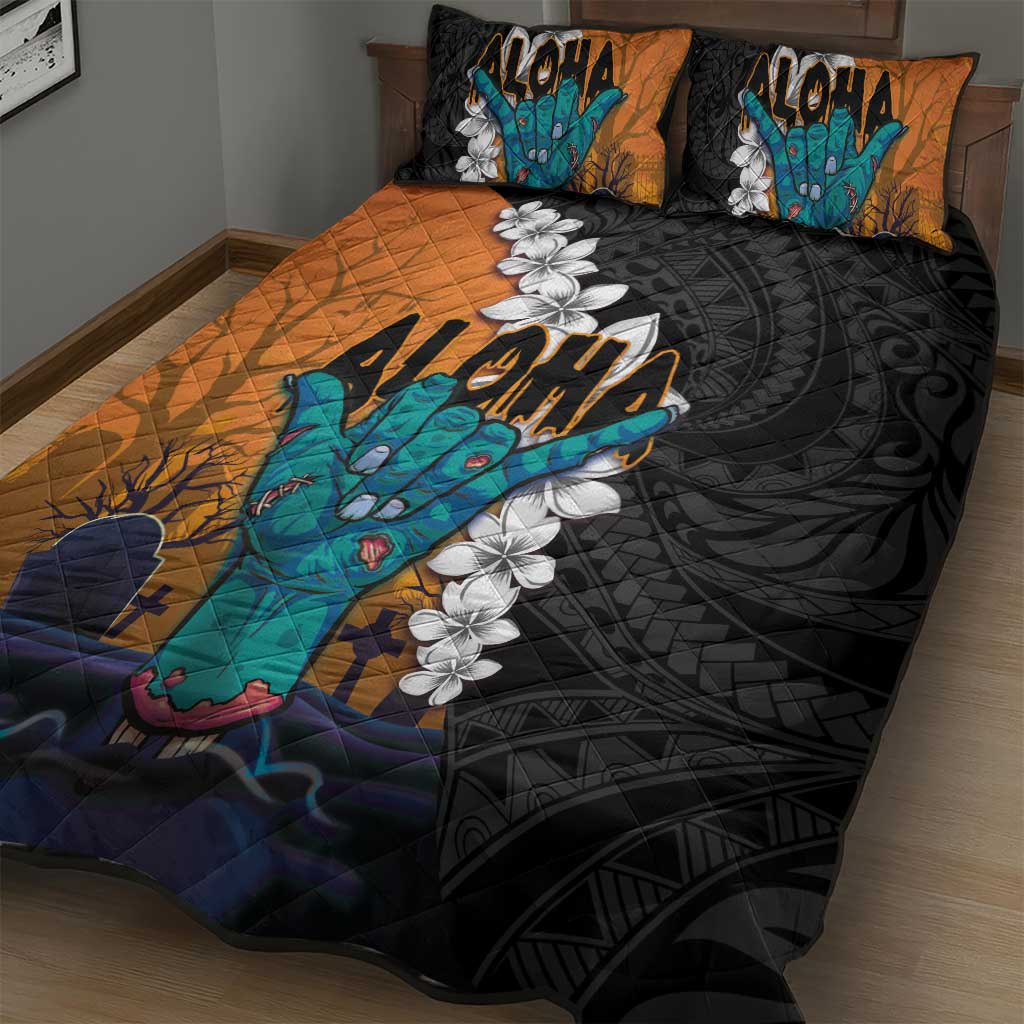 Hawaiian Halloween Quilt Bed Set Horror Shaka Hand with Plumeria and Polynesian Tattoo Autumn Color LT03 - Polynesian Pride