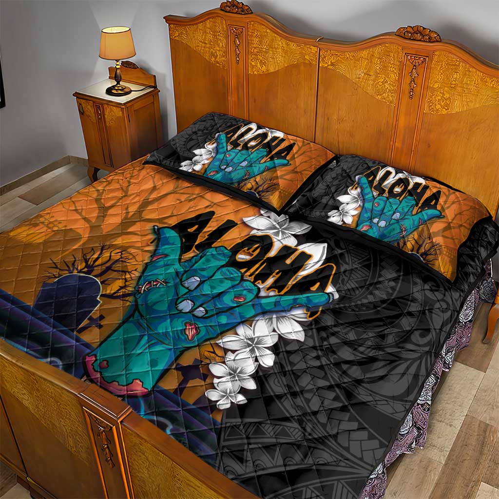 Hawaiian Halloween Quilt Bed Set Horror Shaka Hand with Plumeria and Polynesian Tattoo Autumn Color LT03 - Polynesian Pride
