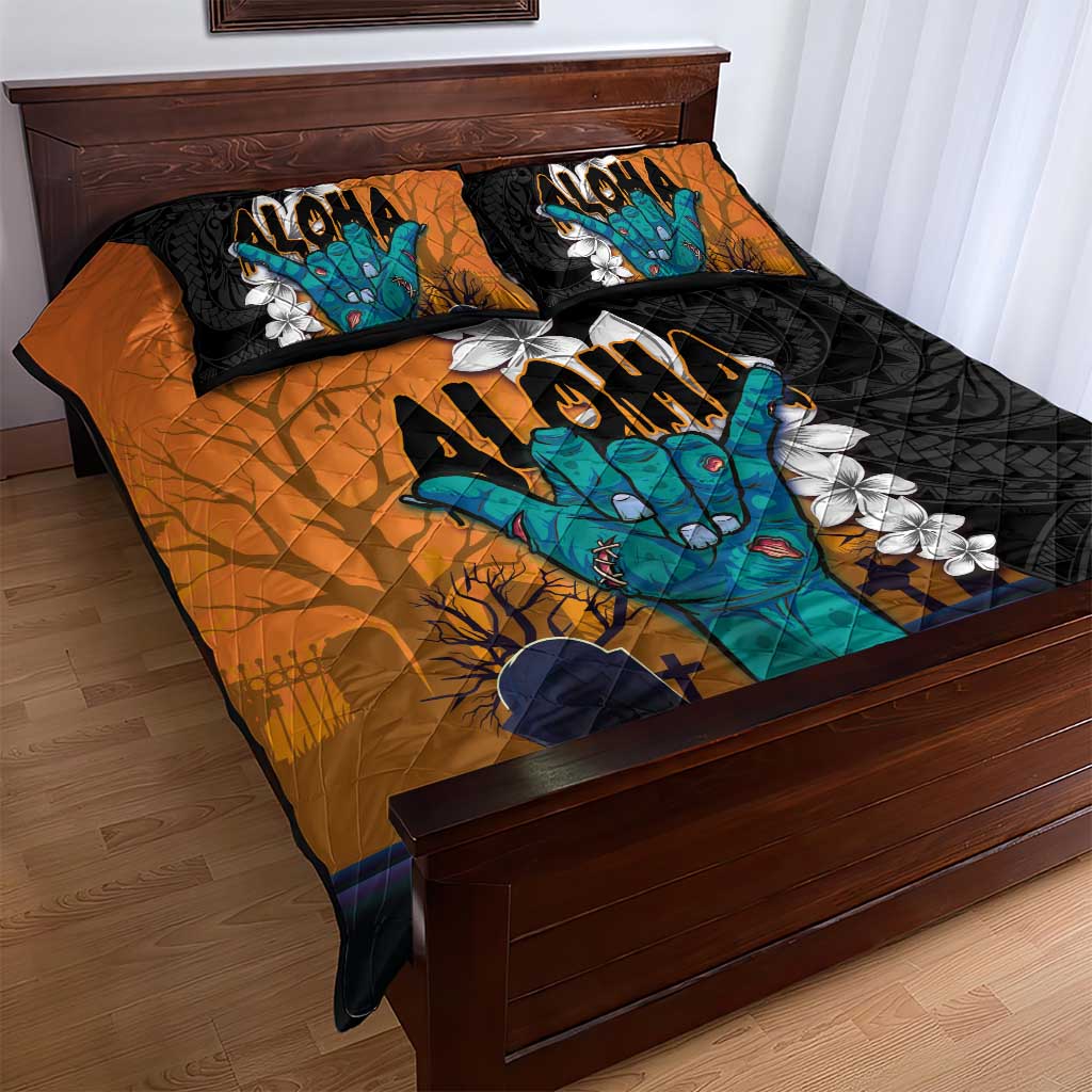 Hawaiian Halloween Quilt Bed Set Horror Shaka Hand with Plumeria and Polynesian Tattoo Autumn Color LT03 - Polynesian Pride