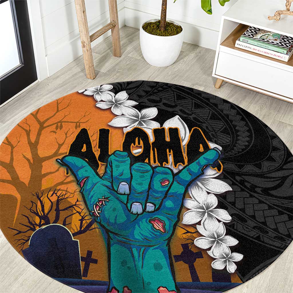 Hawaiian Halloween Round Carpet Horror Shaka Hand with Plumeria and Polynesian Tattoo Autumn Color LT03 Orange - Polynesian Pride
