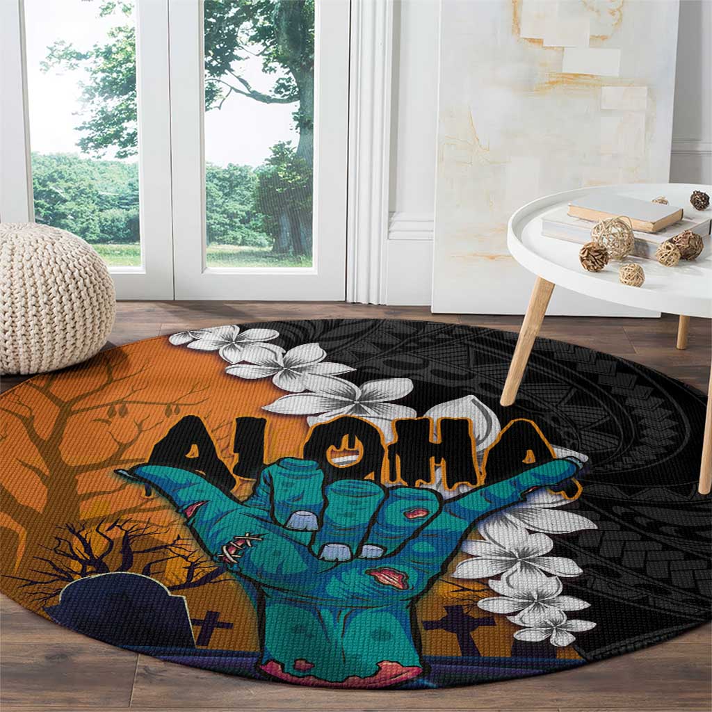 Hawaiian Halloween Round Carpet Horror Shaka Hand with Plumeria and Polynesian Tattoo Autumn Color LT03 - Polynesian Pride