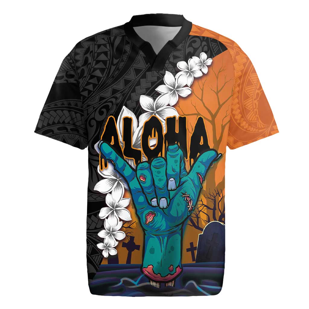 Hawaiian Halloween Rugby Jersey Horror Shaka Hand with Plumeria and Polynesian Tattoo Autumn Color LT03 Orange - Polynesian Pride