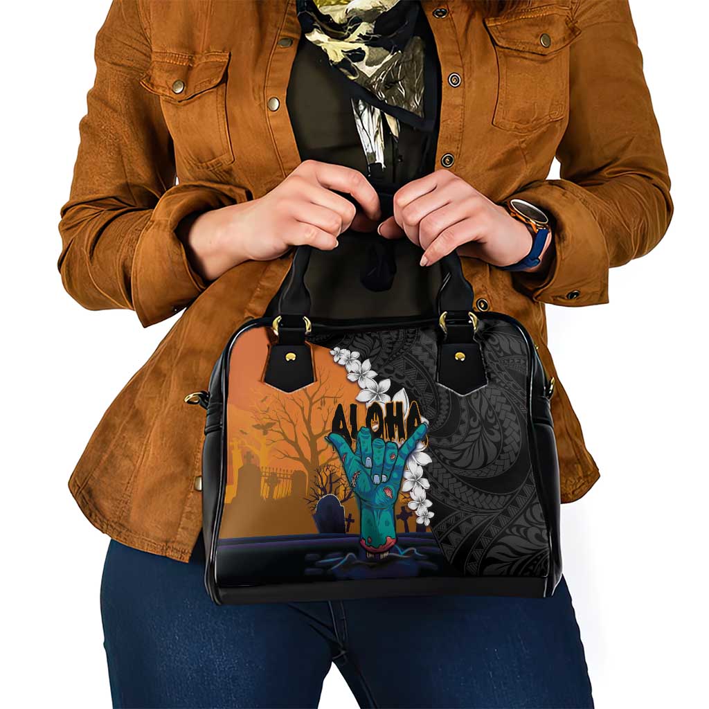 Hawaiian Halloween Shoulder Handbag Horror Shaka Hand with Plumeria and Polynesian Tattoo Autumn Color LT03 - Polynesian Pride