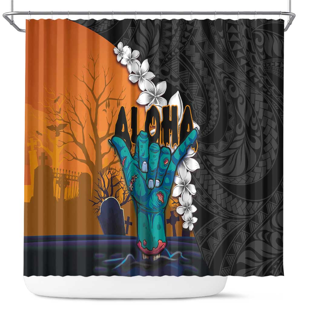 Hawaiian Halloween Shower Curtain Horror Shaka Hand with Plumeria and Polynesian Tattoo Autumn Color LT03 Orange - Polynesian Pride