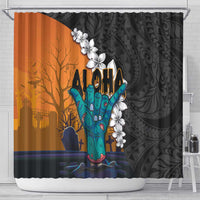 Hawaiian Halloween Shower Curtain Horror Shaka Hand with Plumeria and Polynesian Tattoo Autumn Color LT03 - Polynesian Pride