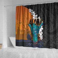 Hawaiian Halloween Shower Curtain Horror Shaka Hand with Plumeria and Polynesian Tattoo Autumn Color LT03 - Polynesian Pride