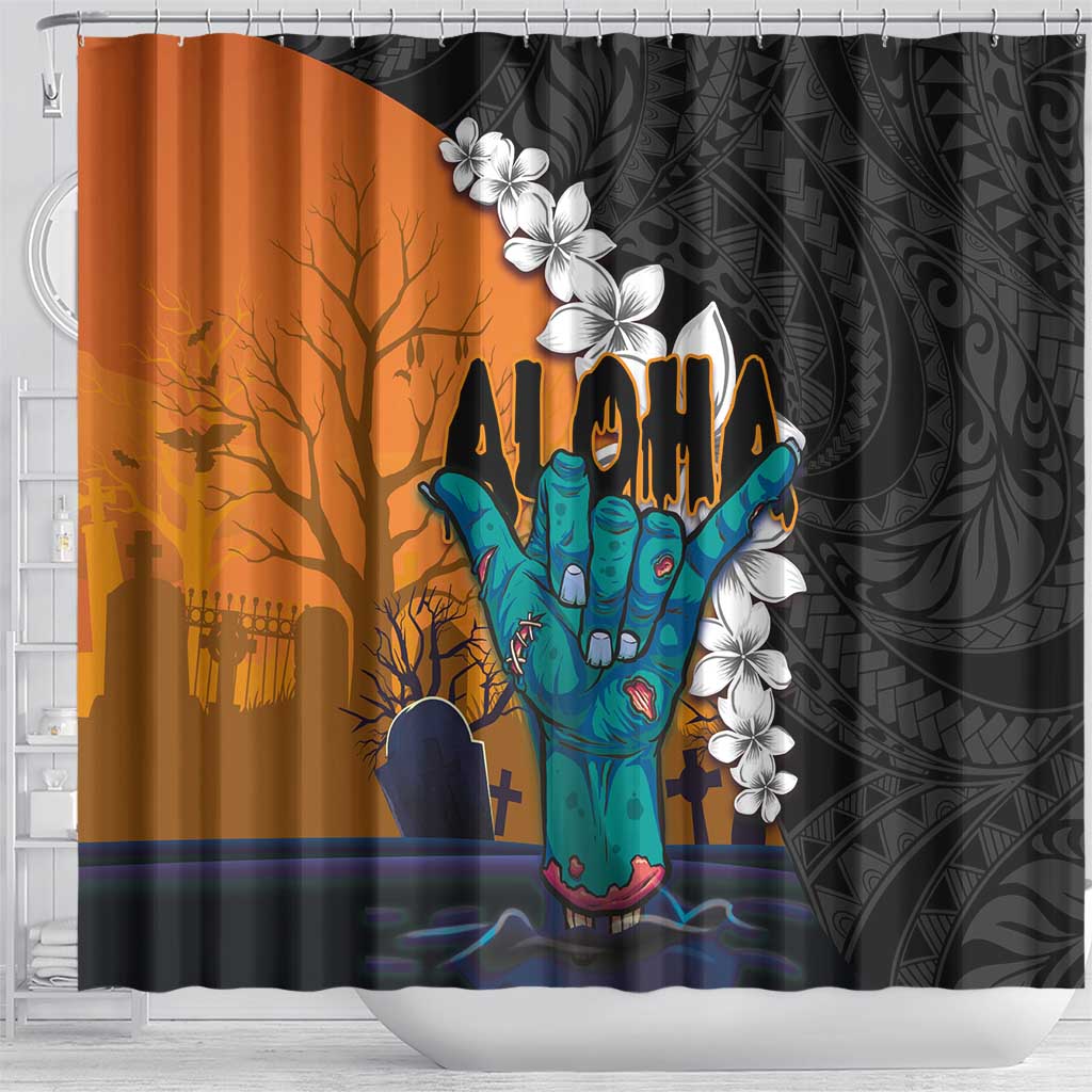 Hawaiian Halloween Shower Curtain Horror Shaka Hand with Plumeria and Polynesian Tattoo Autumn Color LT03 - Polynesian Pride
