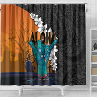 Hawaiian Halloween Shower Curtain Horror Shaka Hand with Plumeria and Polynesian Tattoo Autumn Color LT03 - Polynesian Pride