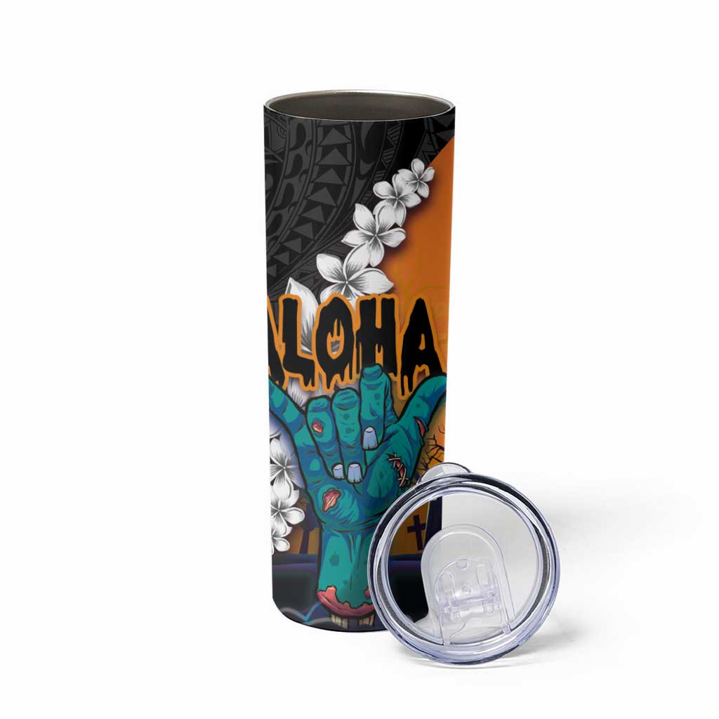 Hawaiian Halloween Skinny Tumbler Horror Shaka Hand with Plumeria and Polynesian Tattoo Autumn Color LT03 - Polynesian Pride