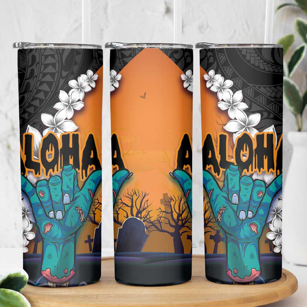 Hawaiian Halloween Skinny Tumbler Horror Shaka Hand with Plumeria and Polynesian Tattoo Autumn Color LT03 - Polynesian Pride