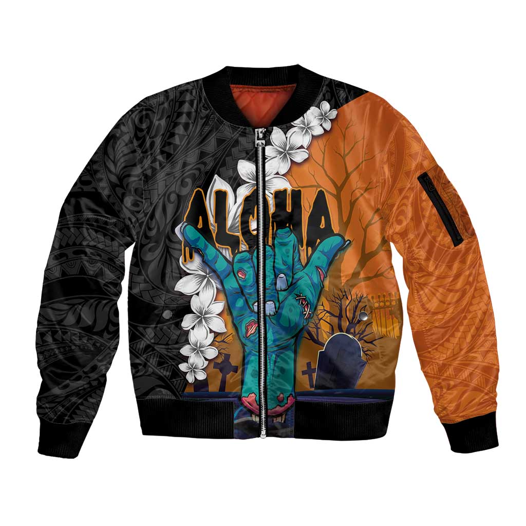 Hawaiian Halloween Sleeve Zip Bomber Jacket Horror Shaka Hand with Plumeria and Polynesian Tattoo Autumn Color LT03 Unisex Orange - Polynesian Pride