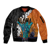 Hawaiian Halloween Sleeve Zip Bomber Jacket Horror Shaka Hand with Plumeria and Polynesian Tattoo Autumn Color LT03 Unisex Orange - Polynesian Pride