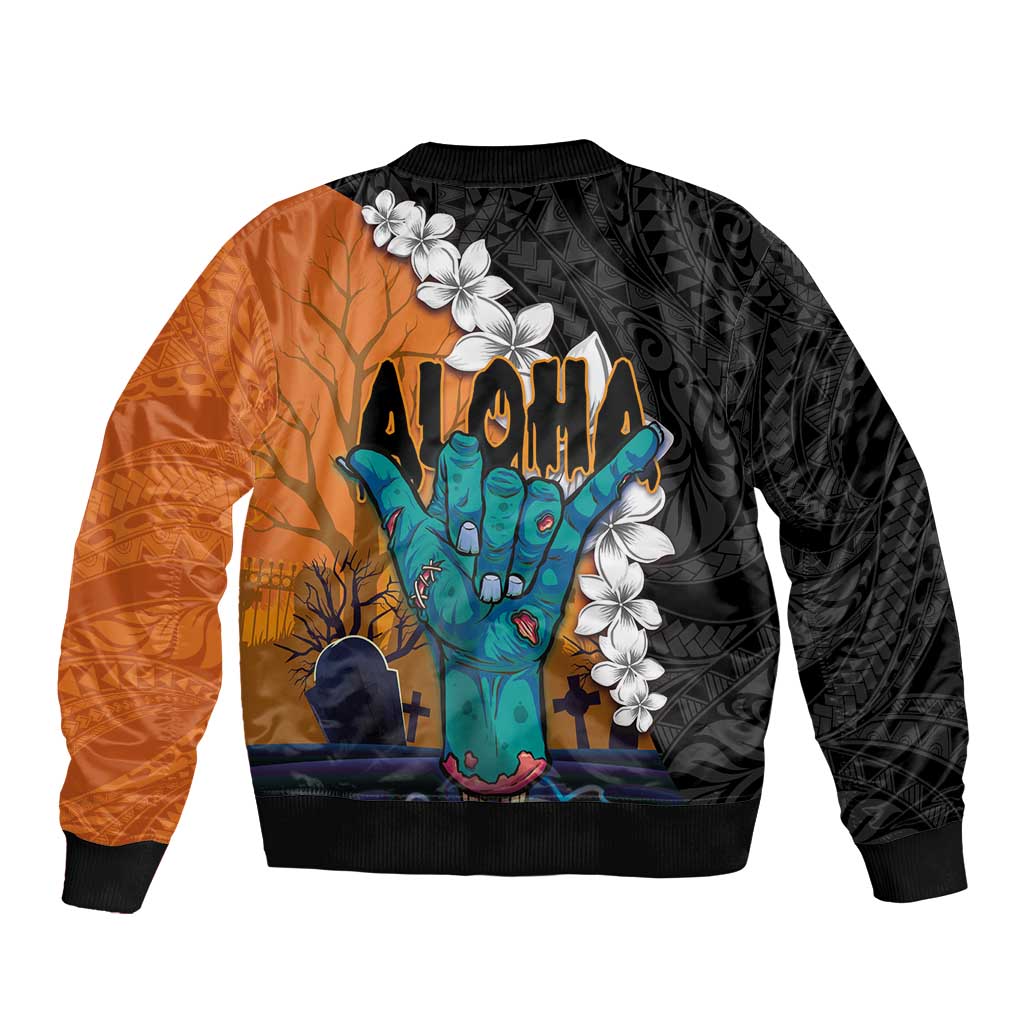 Hawaiian Halloween Sleeve Zip Bomber Jacket Horror Shaka Hand with Plumeria and Polynesian Tattoo Autumn Color LT03 - Polynesian Pride