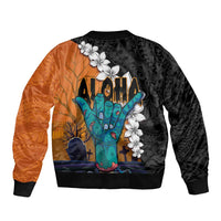 Hawaiian Halloween Sleeve Zip Bomber Jacket Horror Shaka Hand with Plumeria and Polynesian Tattoo Autumn Color LT03 - Polynesian Pride