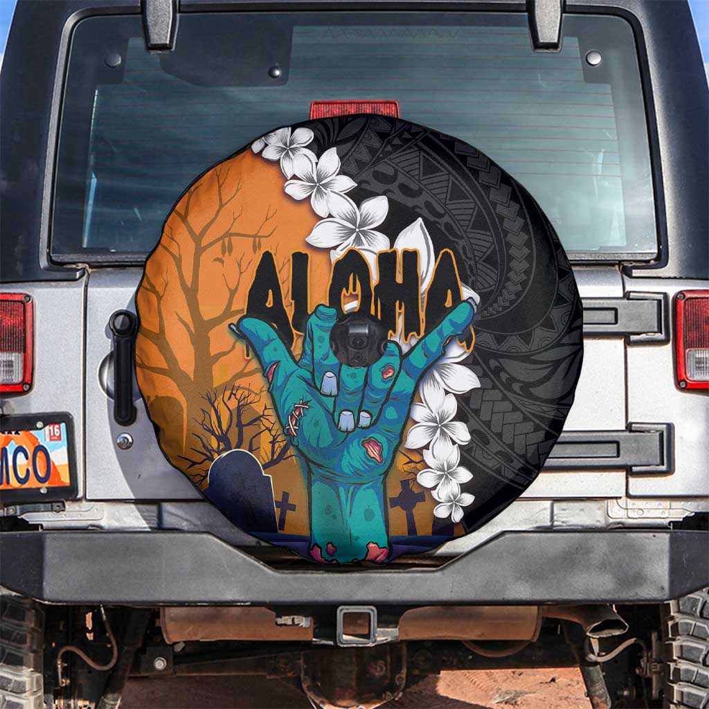 Hawaiian Halloween Spare Tire Cover Horror Shaka Hand with Plumeria and Polynesian Tattoo Autumn Color LT03 Orange - Polynesian Pride