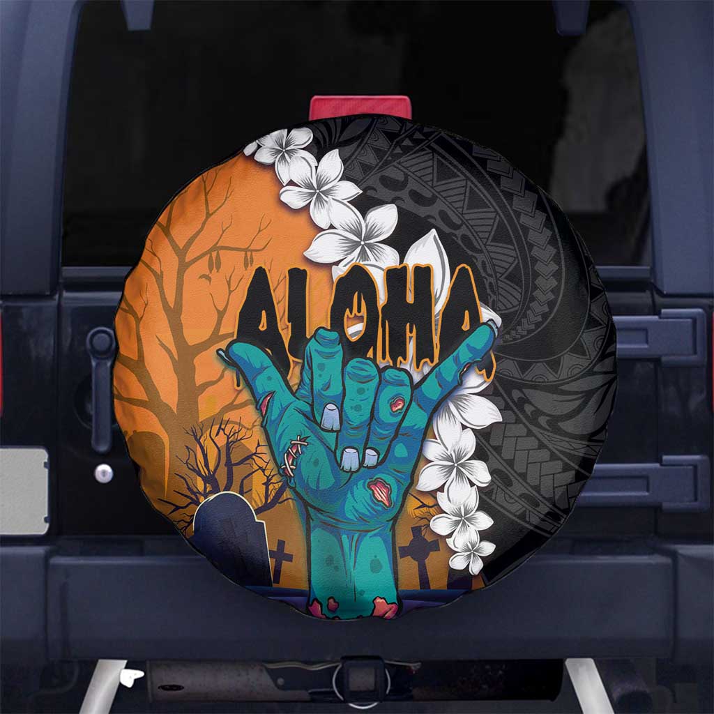 Hawaiian Halloween Spare Tire Cover Horror Shaka Hand with Plumeria and Polynesian Tattoo Autumn Color LT03 - Polynesian Pride