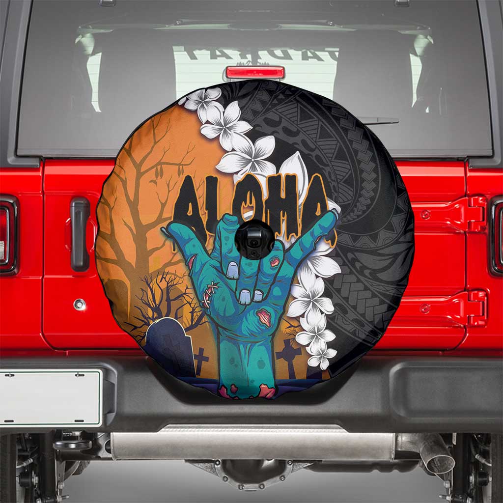 Hawaiian Halloween Spare Tire Cover Horror Shaka Hand with Plumeria and Polynesian Tattoo Autumn Color LT03 - Polynesian Pride