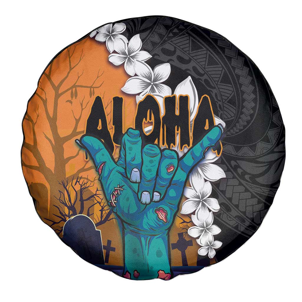 Hawaiian Halloween Spare Tire Cover Horror Shaka Hand with Plumeria and Polynesian Tattoo Autumn Color LT03 - Polynesian Pride