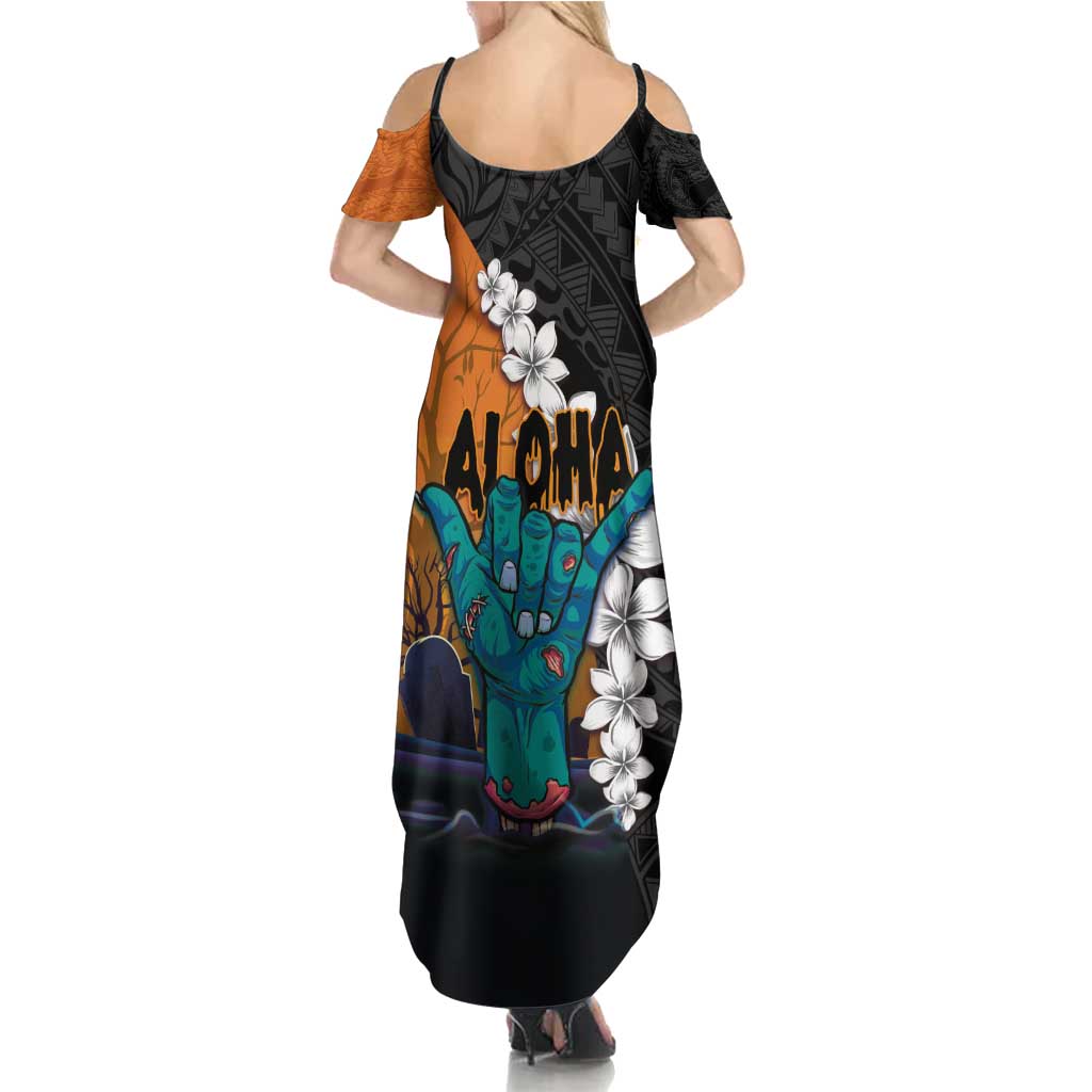 Hawaiian Halloween Summer Maxi Dress Horror Shaka Hand with Plumeria and Polynesian Tattoo Autumn Color LT03 - Polynesian Pride