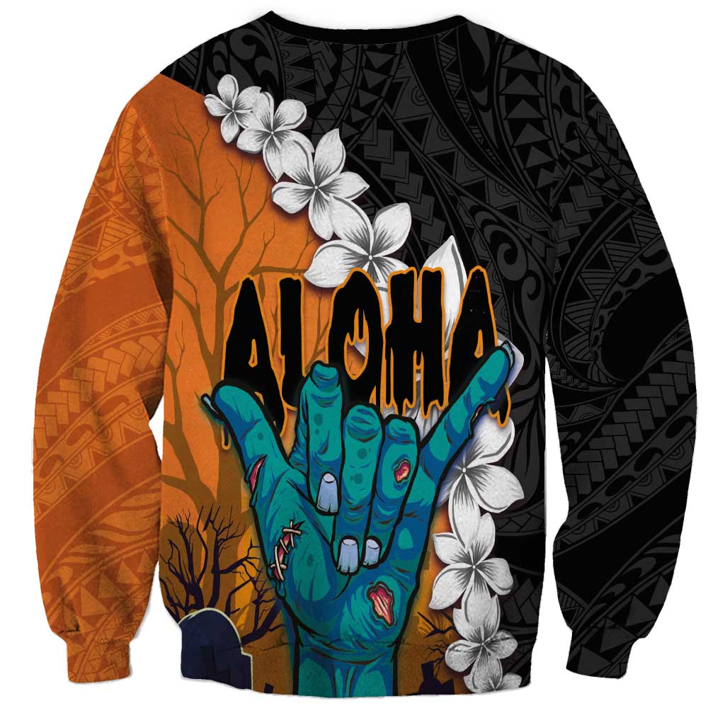 Hawaiian Halloween Sweatshirt Horror Shaka Hand with Plumeria and Polynesian Tattoo Autumn Color