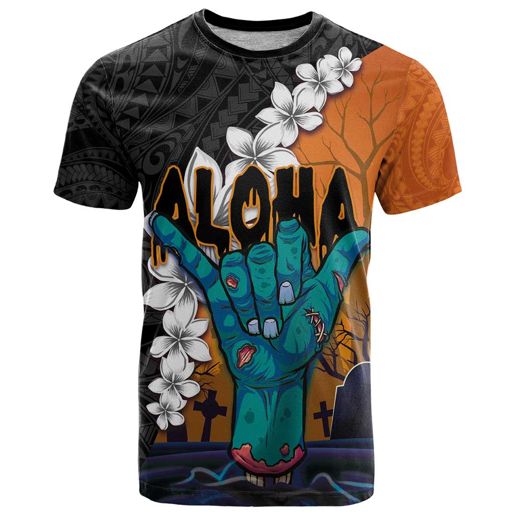 Hawaiian Halloween T Shirt Horror Shaka Hand with Plumeria and Polynesian Tattoo Autumn Color LT03 Orange - Polynesian Pride
