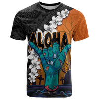 Hawaiian Halloween T Shirt Horror Shaka Hand with Plumeria and Polynesian Tattoo Autumn Color LT03 Orange - Polynesian Pride