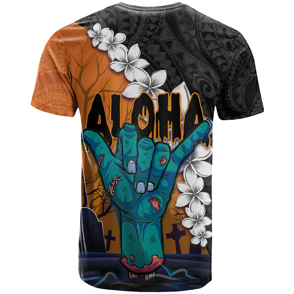 Hawaiian Halloween T Shirt Horror Shaka Hand with Plumeria and Polynesian Tattoo Autumn Color LT03 - Polynesian Pride